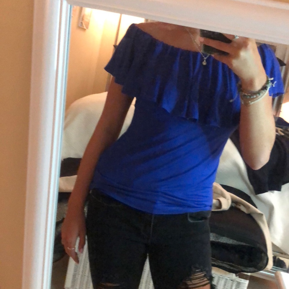 off the shoulder blue shirt